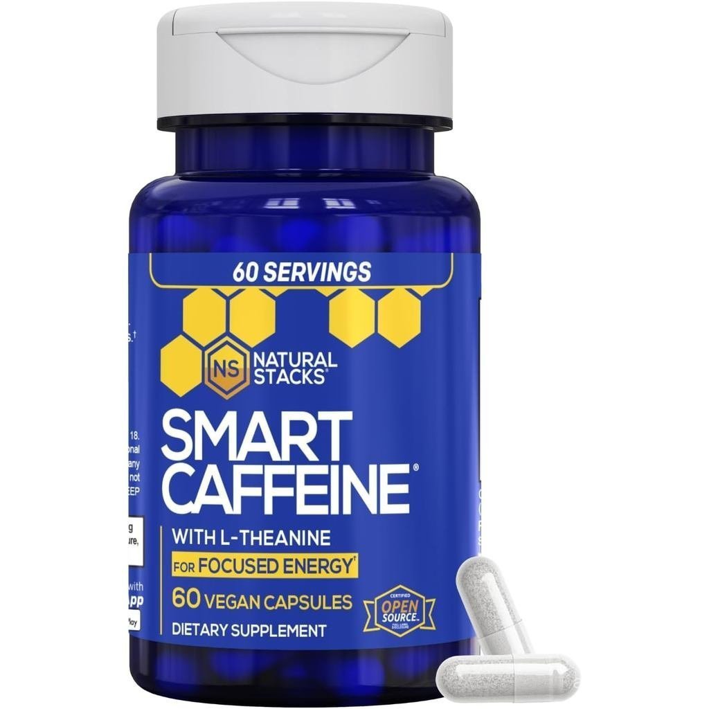 STACKSart Caffeine Pills-100mg Caffeine + 200mg-รองรับพลังงานและสมาธิ-ไม่ยุบ-60 แคปซูล I4OG