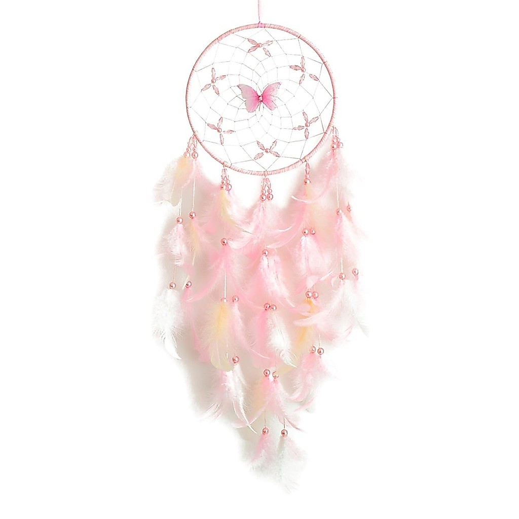 ผีเสื้อสีชมพู Dream Catcher Handmade Dreamcatcher พร้อมขนนกและผีเสื้อลูกปัด, วงกลมดอกไม้รูปสุทธิแขวนผนังหัตถกรรมเครื่องประดับสําหรับสาวเนอสเซอรี่ตกแต่งห้องนอน