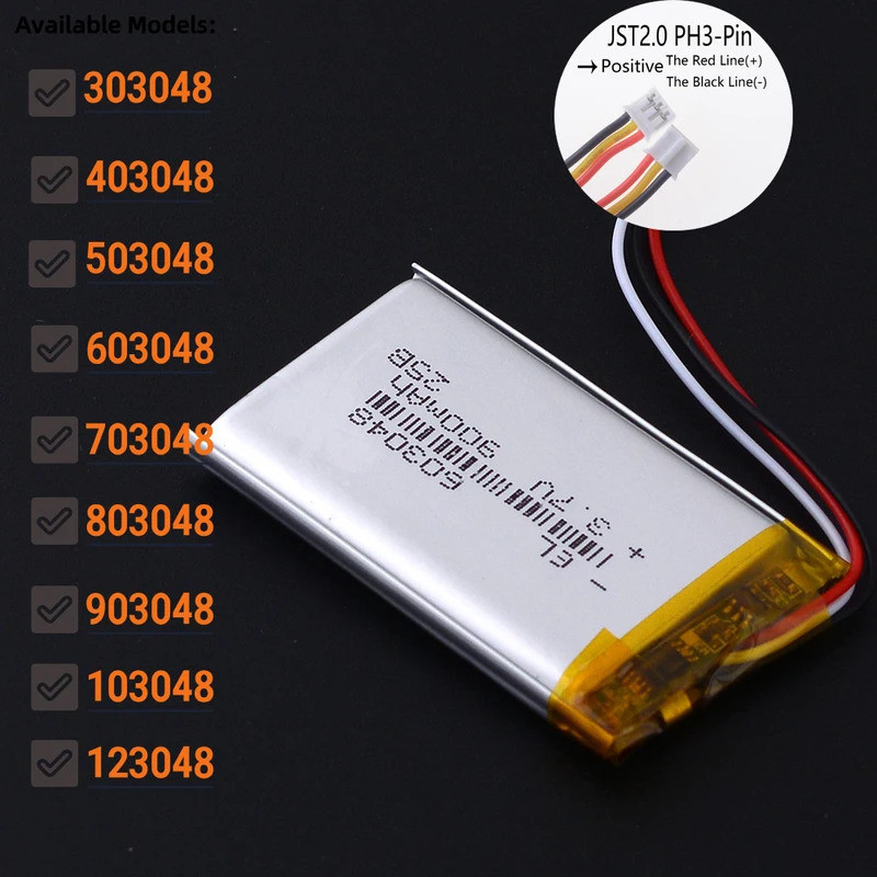 JST2.0 3Pin 3.7V 503048 800มะห์ 303048 403048 แบตเตอรี่ลิเธียมโพลิเมอร์ Li-ion 603048 703048 803048 