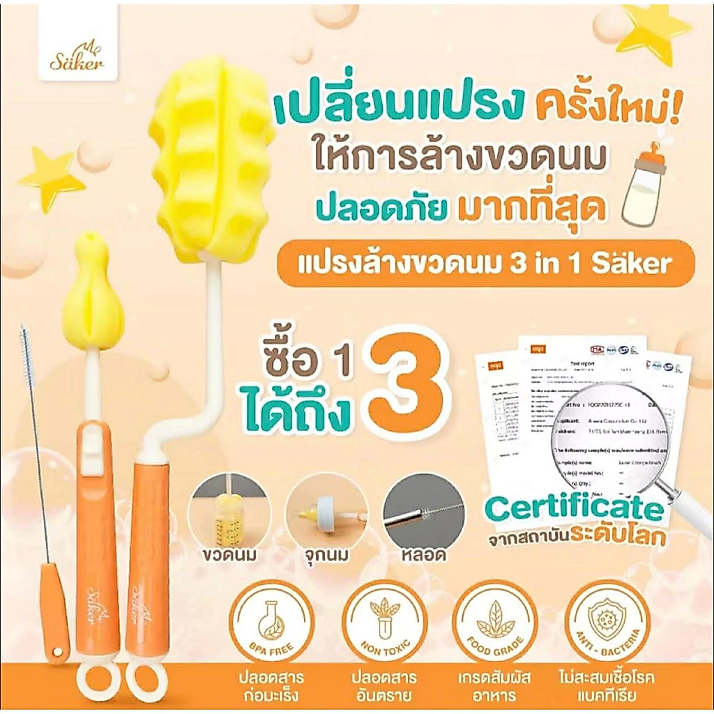 Saker แปรงล้างขวดนม เเบบฟองน้ำ ซื้อ1ได้ถึง 3 เซ็ตแปรงฟองน้ำล้างขวด+ล้างได้ทั่วถึงทุกซอกมุม