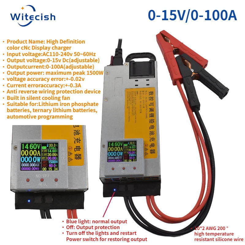 เครื่องชาร์จ Max 1500w แบบปรับได้สําหรับแบตเตอรี่ลิเธียมไอออน 0-15v, 0-100a, 12v, 60a, 14.6 v, 60a, 