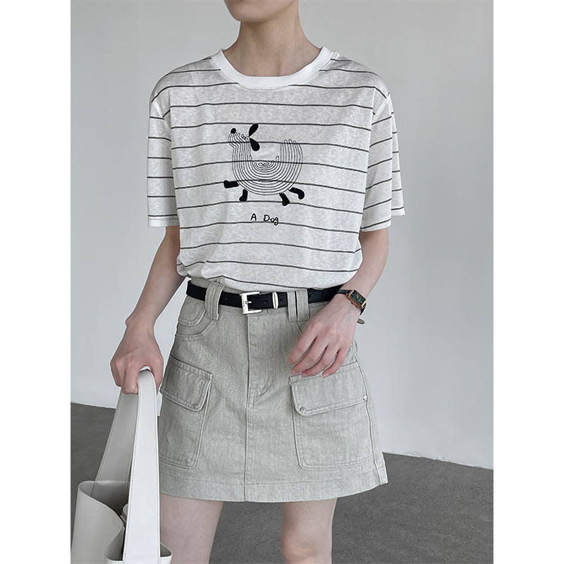 Taochuan สไตล์เกาหลีลายลูกสุนัขปักเสื้อยืดเย็นผู้หญิงรอบคอหลวมสบายๆแขนสั้นด้านบน H661