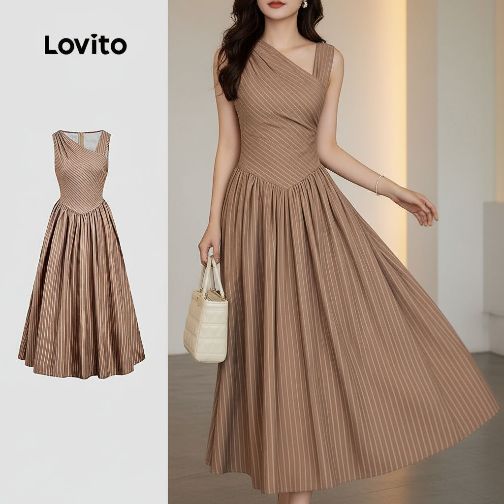 Lovito Elegant ชุดเดรสผู้หญิง สีน้ําตาล ทรงไม่สมมาตร สไตล์ฤดูใบไม้ผลิ/ฤดูร้อน L164LD247
