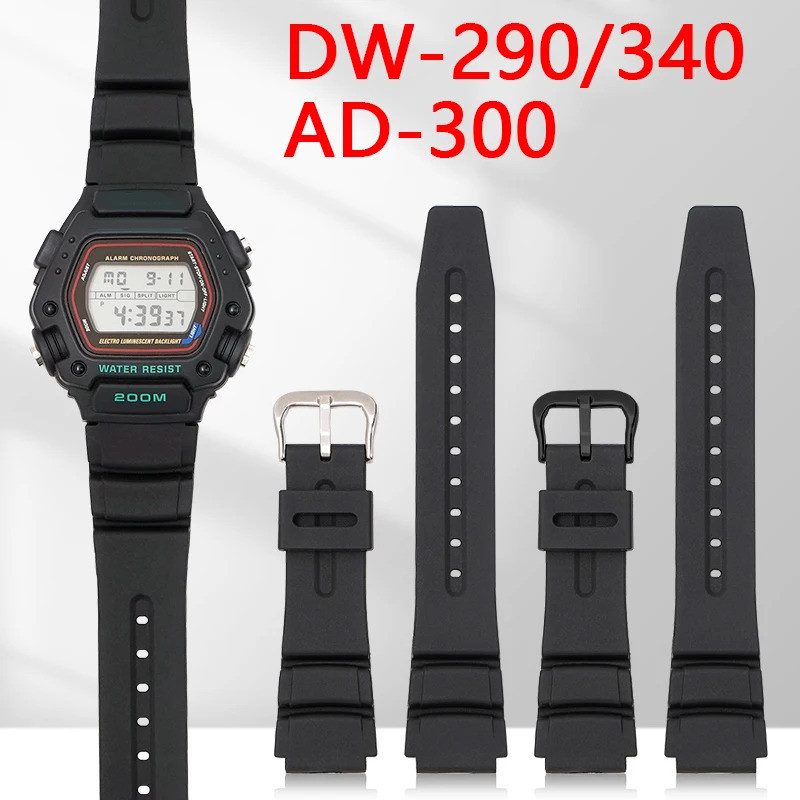 สายนาฬิกาสําหรับ Casio DW-290 DW-340 AD-300 เรซิ่นยางเปลี่ยนผู้ชายสีดํากีฬาซิลิโคนกันน้ําสายรัดข้อมื