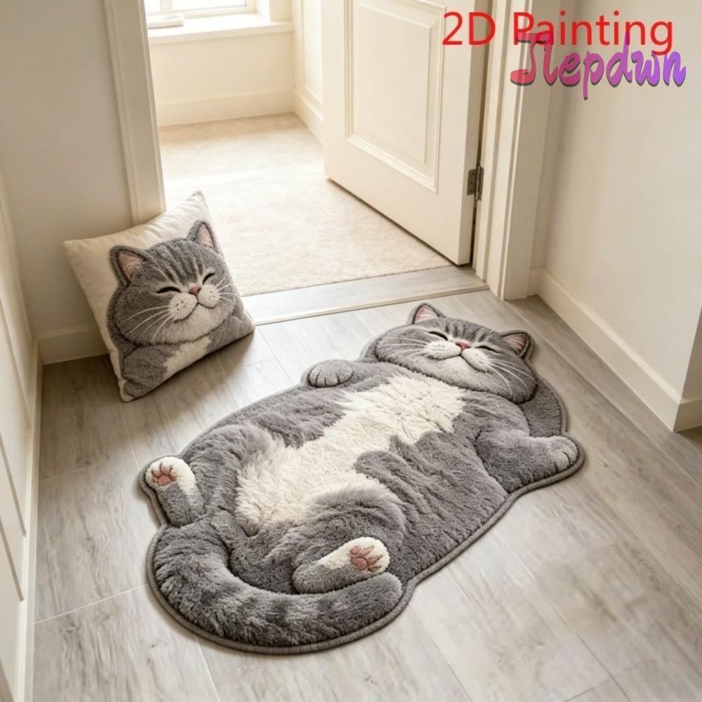JEPDWN พรมตกแต่งบ้าน, ทําความสะอาดง่าย Anti-puffed Cat-Shaped Area พรม, ตลกลื่นการ์ตูนพรมห้องนอน