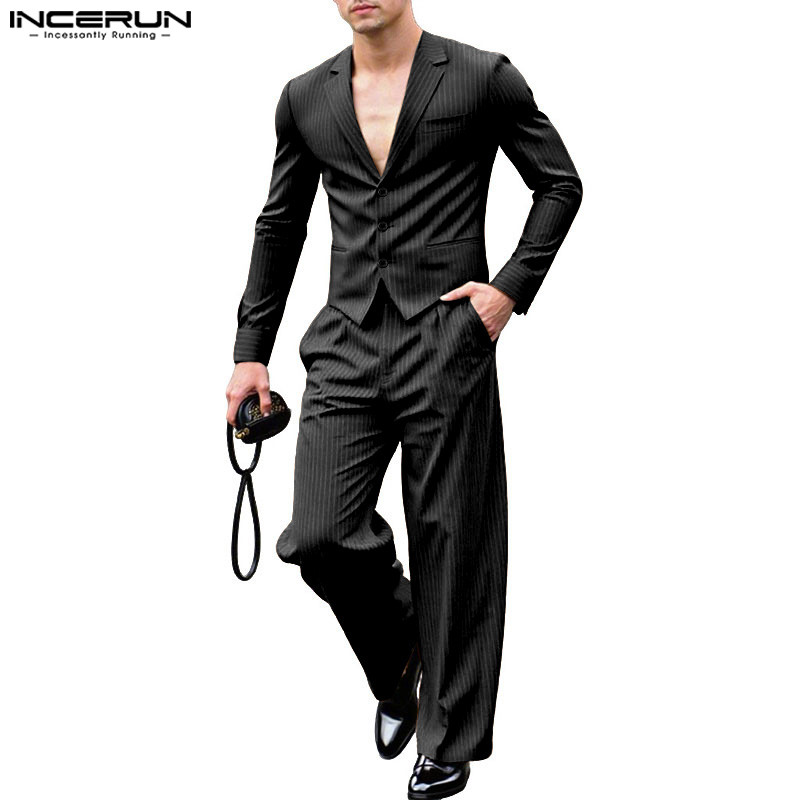 INCERUN ชุดสูทสองชิ้นสำหรับผู้ชาย สไตล์วินเทจแขนยาว พร้อมปุ่มและลาเพล