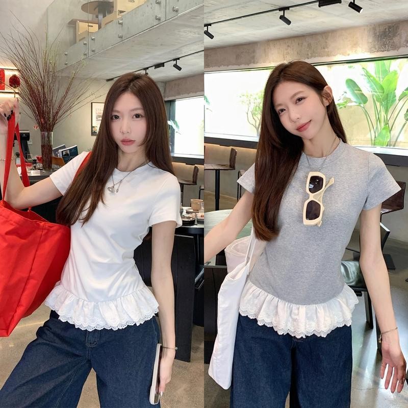 เสื้อคอกลมผู้หญิง เสื้อยืด ชายระบายลูกไม้ ใส่น่ารัก สไตล์สาวเกาหลี