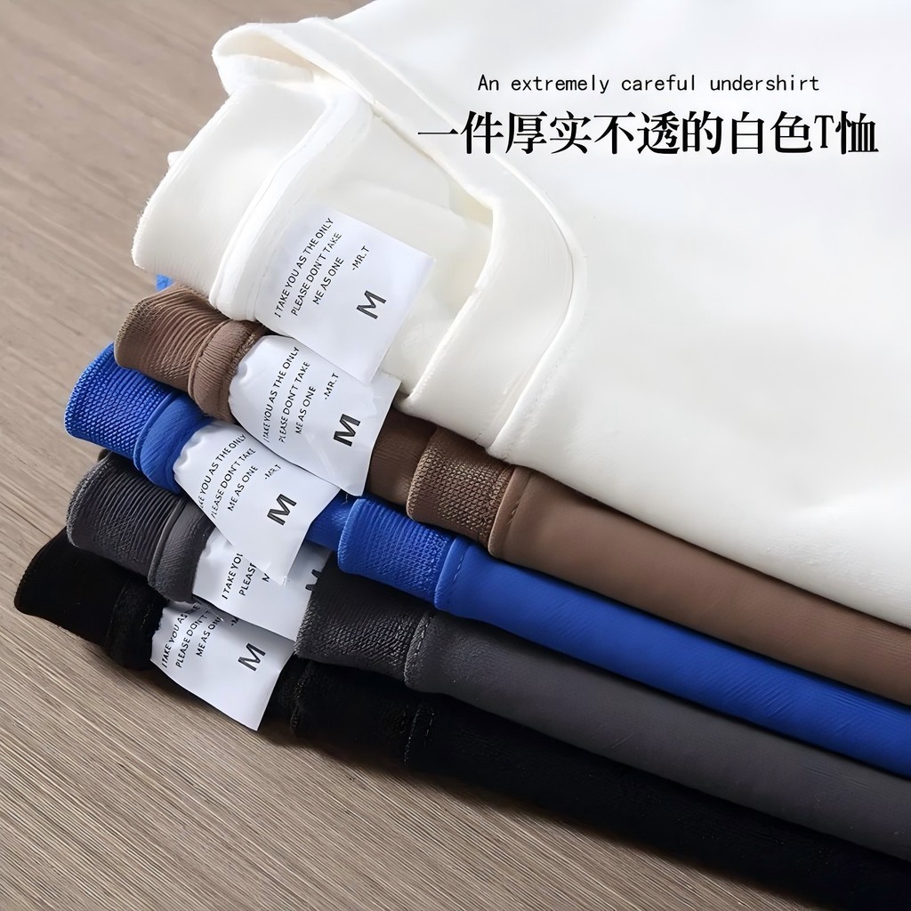 Pure White Heavyweight เสื้อยืดผ้าฝ้ายแท้หนา Ribbed Collar แขนสั้น Oversize แบรนด์อินเทรนด์สามเข็มครึ่งแขน
