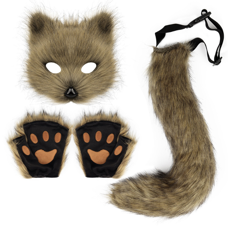 อุปกรณ์เสริม Fox Tail Tail Tail Set cos Plush Halloween Props Fox จําลอง Handmade สัตว์ถุงมือหน้ากาก
