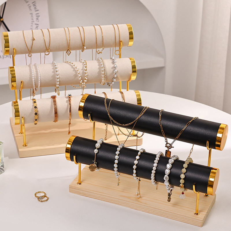 ชั้นวางเครื่องประดับกำมะหยี่ 3 ชั้น ชั้นวางสายนาฬิกา ฐานไม้ สำหรับจัดเก็บกำไลข้อมือ สร้อยคอ ที่คาดผม