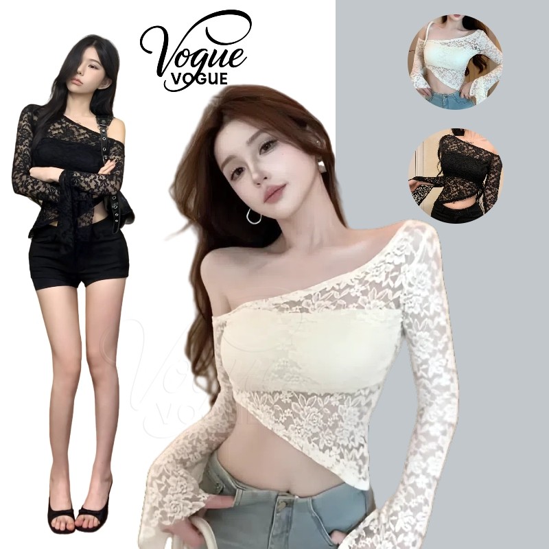 Vogue🌟พร้อมส่ง🌟 เสื้อเปิดไหล่แขนยาว ดีเทลถักลายลูกไม้ สีพื้นใส่สบายมาก (FY3091)