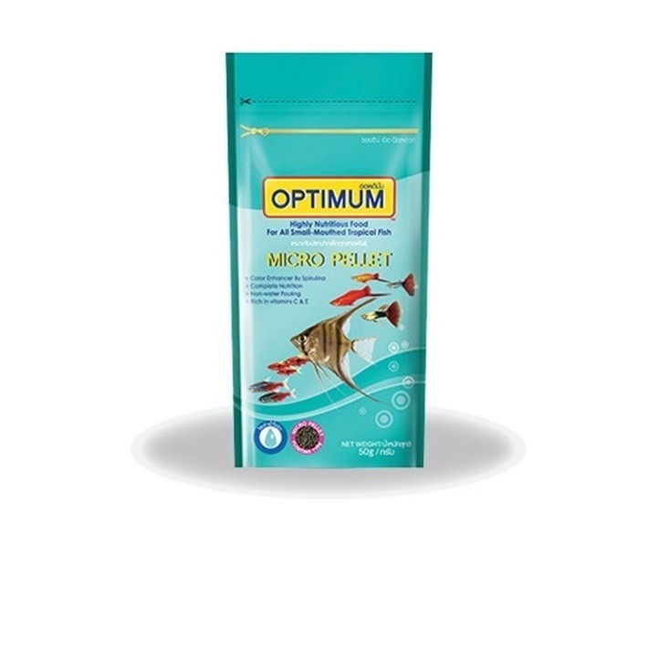 Optimum Micro pellet อาหารปลาเล็ก ปลาหางนกยูง อาหารปลานีออน เม็ดไมโคร น้ำไม่ขุ่น 50 g.