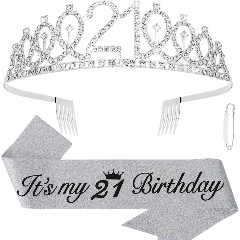 CAVETEE มงกุฎวันเกิด 21st สําหรับผู้หญิงและผู้ชาย,เป็น 21 Sash และ Tiara 21st ตกแต่งสุขสันต์วันเกิดส