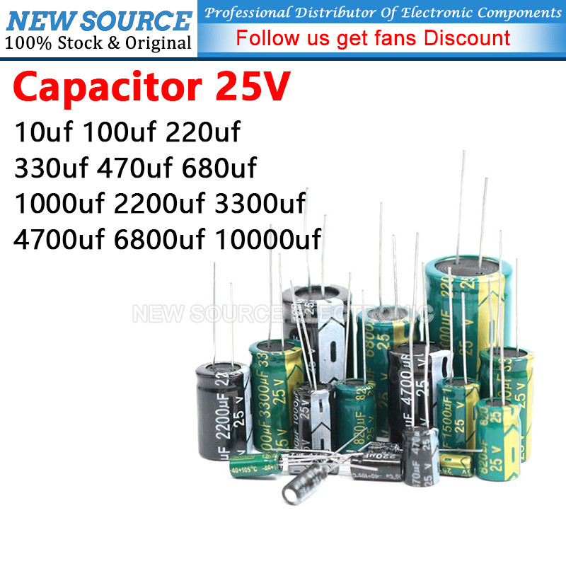 (1-100 ชิ้น) 25V 10uf Electrolytic Capacitor 25V 10uf 100uf 220uf 330uf 470uf 680uf 1000uf 2200uf 33