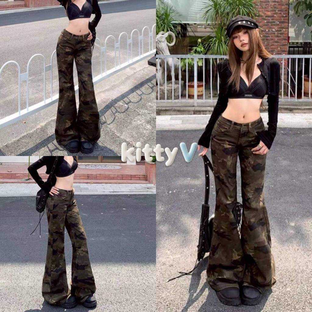 kitty.vogue พร้อมส่ง กางเกงขากระบอก ลายทหารเขียว ใส่ง่าย เท่ๆมินิมสไตล์เกาหลีเกาใจ -NZ9025