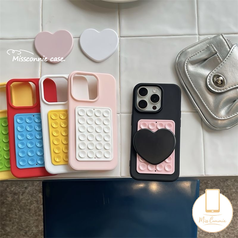 Elegant Simple สีดูดถ้วย DIY สีทึบ Love Heart กระจกแต่งหน้า Contrast 3D ตุ๊กตาซิลิโคนดูด Pad สําหรับเคสโทรศัพท์ติดตั้งดูดถ้วย Backed กาว