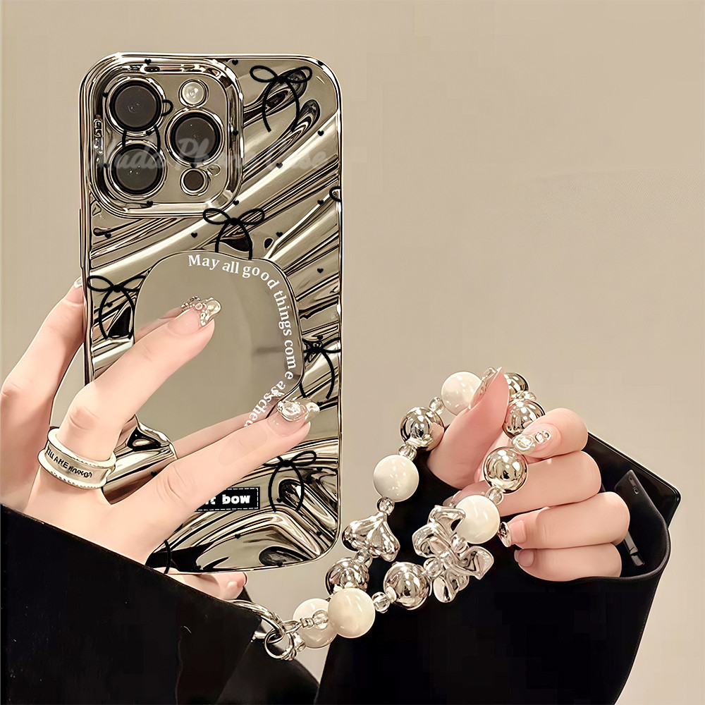 โบว์สาวใช้น่ารัก เคสกระจกเงาสำหรับไอโฟน11 13 16 สร้อยข้อมือ case for iPhone 11pro 13plus 15 14 12 16 ProMax XS XR 7 8
