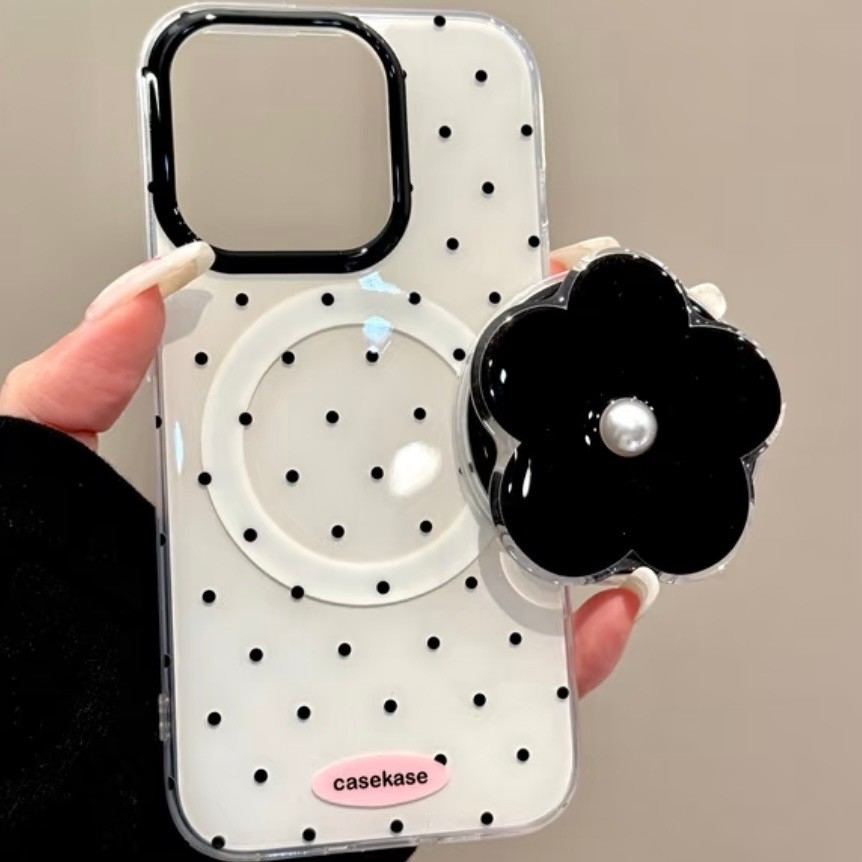 หรูหราสีขาวด้านล่างคลื่นจุดดอกไม้สีดําวงเล็บแม่เหล็กกรณีโทรศัพท์มือถือเหมาะสําหรับ ไอโฟน17 16 15 14 13 มือโปร สูงสุด กันกระแทกกล้องป้องกันลดลงฮาร์ดปกหลัง