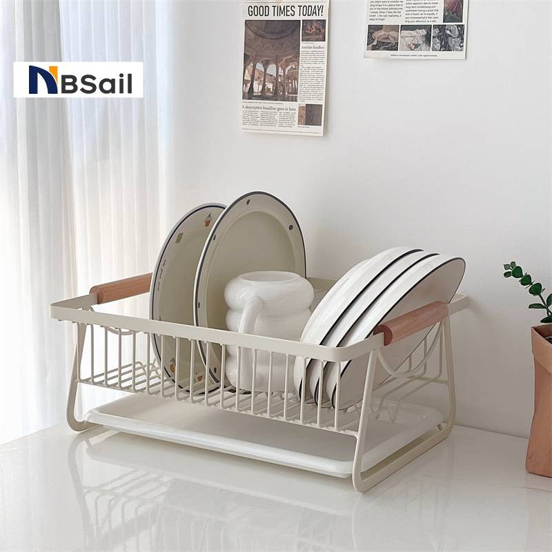 NBSail ชั้นวางจาน ด้ามไม้คู่ - ชั้นวางถาดเหล็กคาร์บอนแบบถอดได้ห้องครัวสไตล์โมเดิร์นทันสมัย