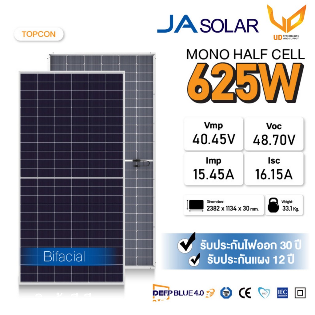 ฟรีค่าส่ง !! แผงโซล่าเซลล์ JA Solar 625W N-type Double Glass Bifacial รับแสง2ด้าน รับประกันแผง 12 ปี