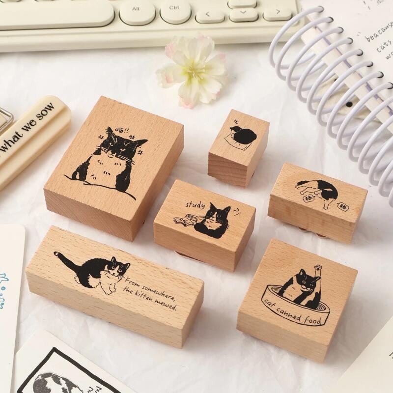 DUKEEN น่ารัก Scrapbooking DIY แสตมป์แมวชุด Junk Journal Deco Craft Supplies การ์ดทําวัสดุ Hobby ไม้ซีลหัตถกรรมปั๊ม - รูปที่ 2