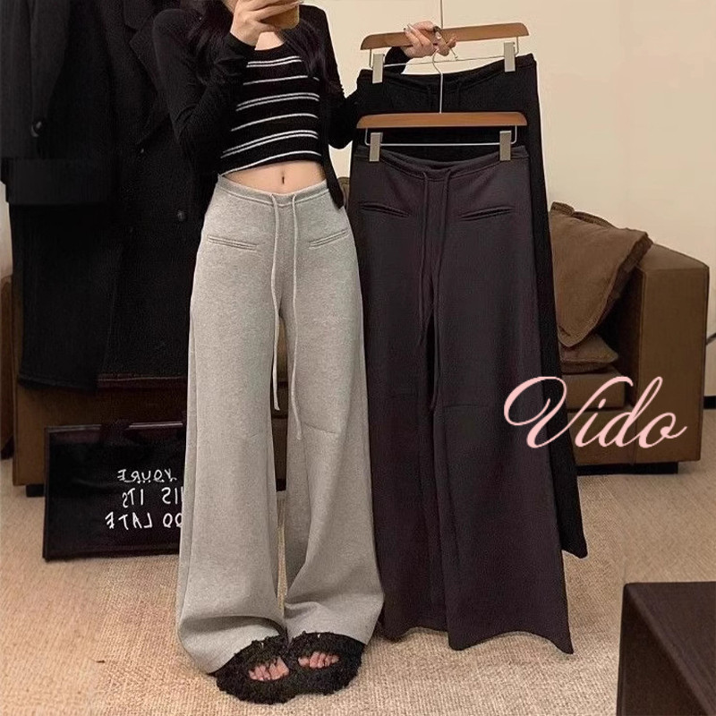 กางเกงกีฬาขายาวทรงหลวม ดีไซน์เก๋ไก๋ กางเกงขายาวทรงกว้าง เชือกผูกเอว สำหรับผู้หญิง VD