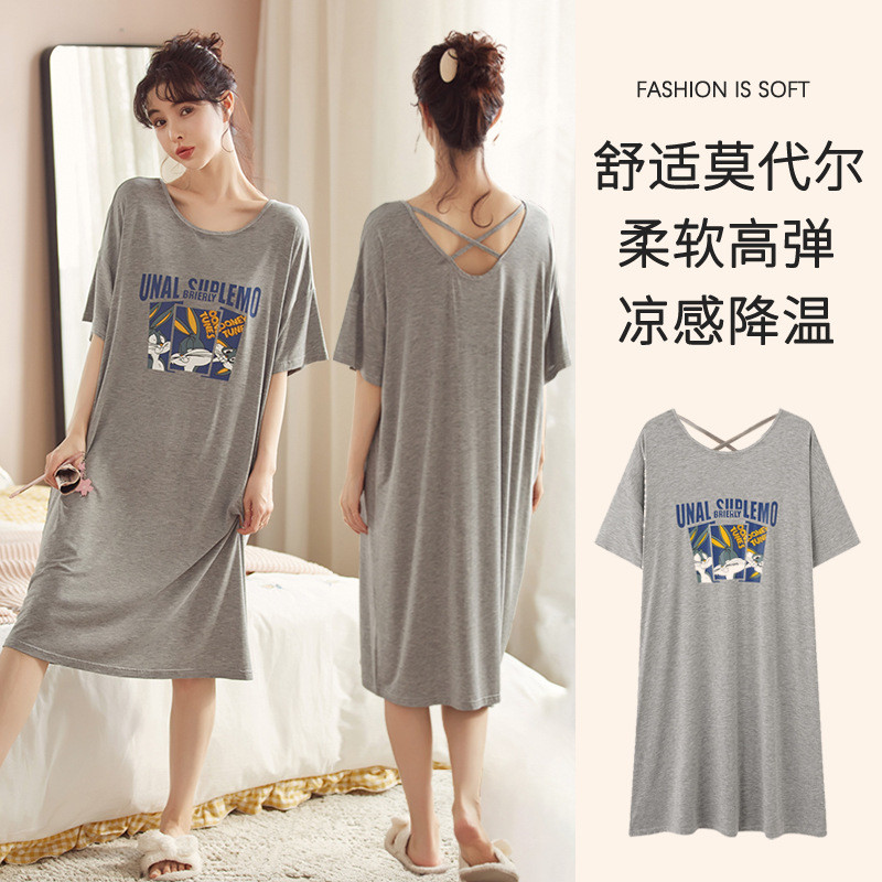 Shop High-value Modal Nightdress ผู้หญิงเย็นบางแขนสั้นสาวหลวมขนาดบวก MM กระโปรงยาวกลาง