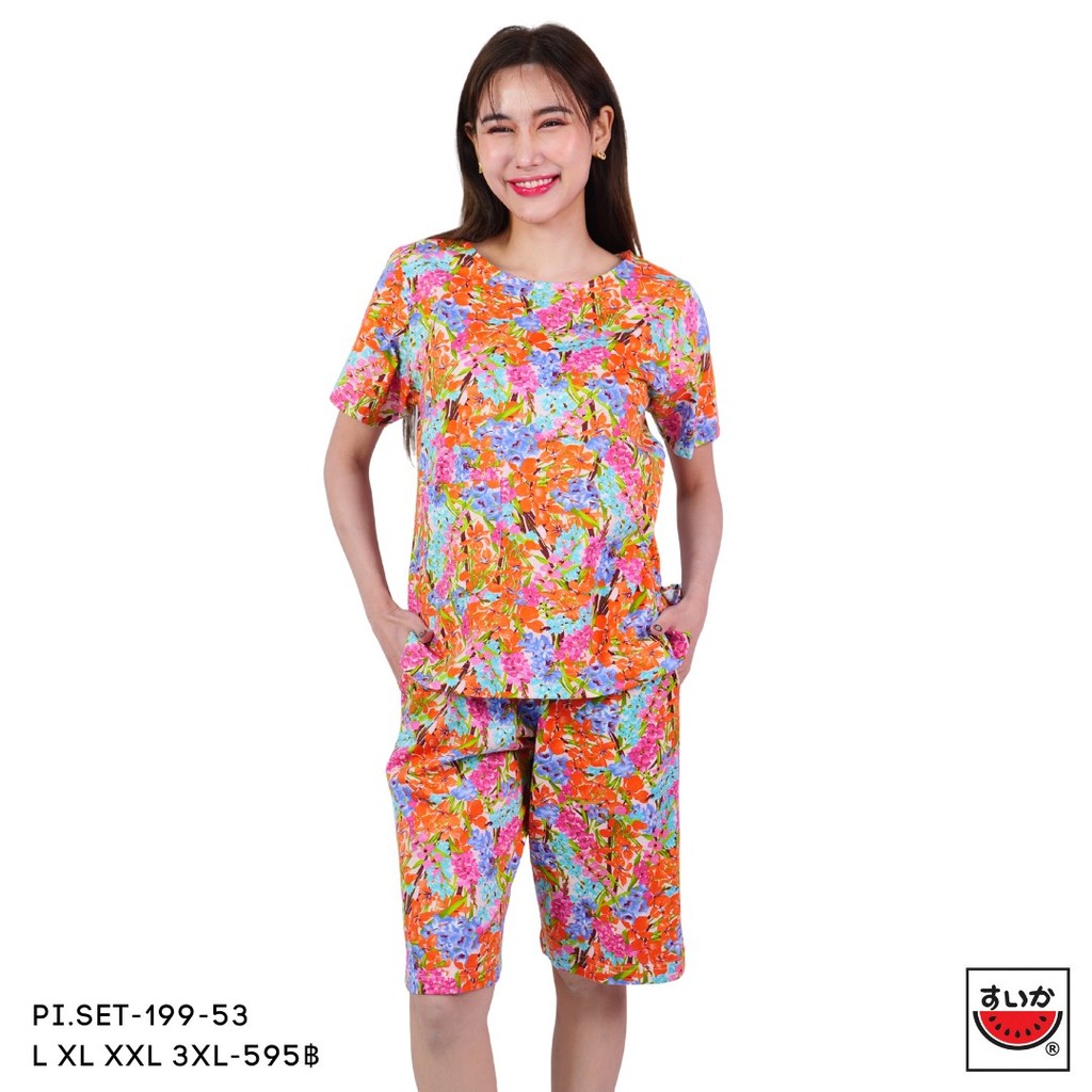 เสื้อแตงโม (SUIKA) -เสื้อยืดผ้าคอตตอนอินเตอร์ล๊อค คอปาดแขนสั้น พร้อมกางเกงขาสามส่วน เอวยืดลายพิมพ์ (PI.SET-199) — صورة 2