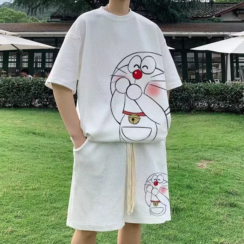 2025 NEW 2025 Hong Kong Style Casual Suit Men's Waffle Short Sleeve Summer Youth Korean Version Loos