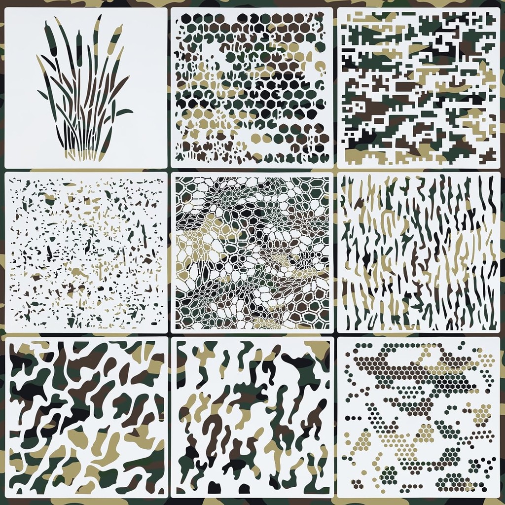9pcs Camo Stencils สําหรับสีสเปรย์, Camouflage รูปแบบ Stencils แม่แบบนํากลับมาใช้ใหม่ดิจิตอล Camo St