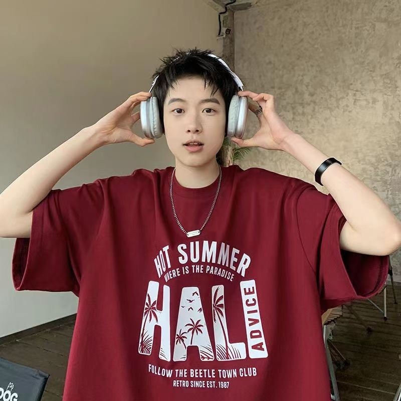 new Men's short-sleeved half-sleeve in burgundy color23T T-shirt2025American Style320g Vintage Heavy