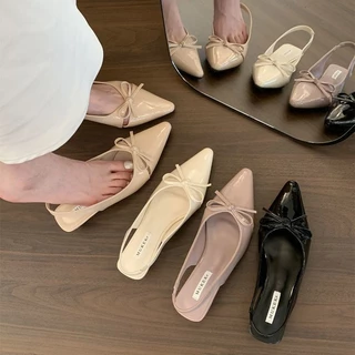 รองเท้าส้นสูงหัวแหลมสไตล์ฝรั่งเศส รองเท้าส้นสูงส้นเตี้ยสำหรับผู้หญิง ดีไซน์โบว์ สวมใส่สบายและไม่ลื่น
