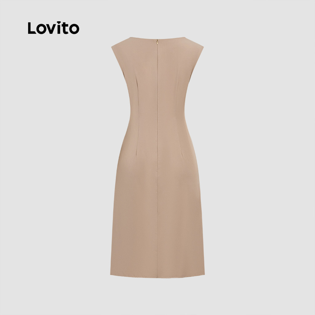 (NEW) Lovito ชุดเดรสหรูหรารายละเอียดพลีตทรงเอแนวนอน สวมใส่สบาย ต้อนรับฤดูใบไม้ผลิ/ฤดูร้อน สีคากี้ L155ED1811 - รูปที่ 2