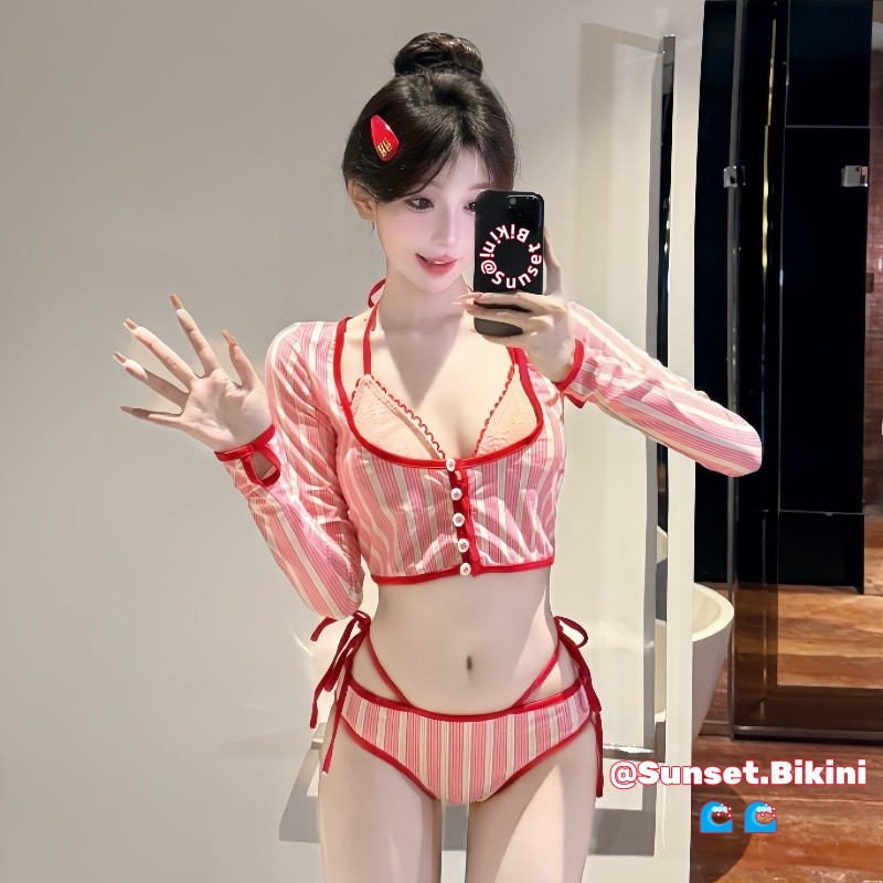 Sunset.Bikini🌊🌊ชุดว่ายน้ำผู้หญิง 3 ชิ้น bikini ชุดว่ายน้ำแขนยาว  กันuv แถบสีแดง แฟชั่น slim fit ผ้าแห้งไว