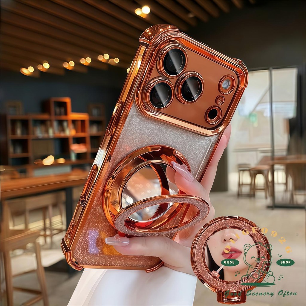 เคสใหม่ เคส iPhone17 Orange ถุงลมนิรภัยวงเล็บกระจกแวววาวเคสโทรศัพท์แม่เหล็ก iphone17 Pro Max 16 15 14 13 12 เคสสําหรับ iPhone เคสซิลิโคนนิ่ม TPU กันกระแทก