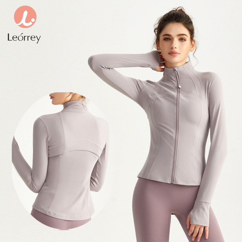 Leorrey-เสื้อแจ็คเก็ตโยคะแขนยาวทรงสลิมมีซิปสำหรับใส่เล่นกีฬา