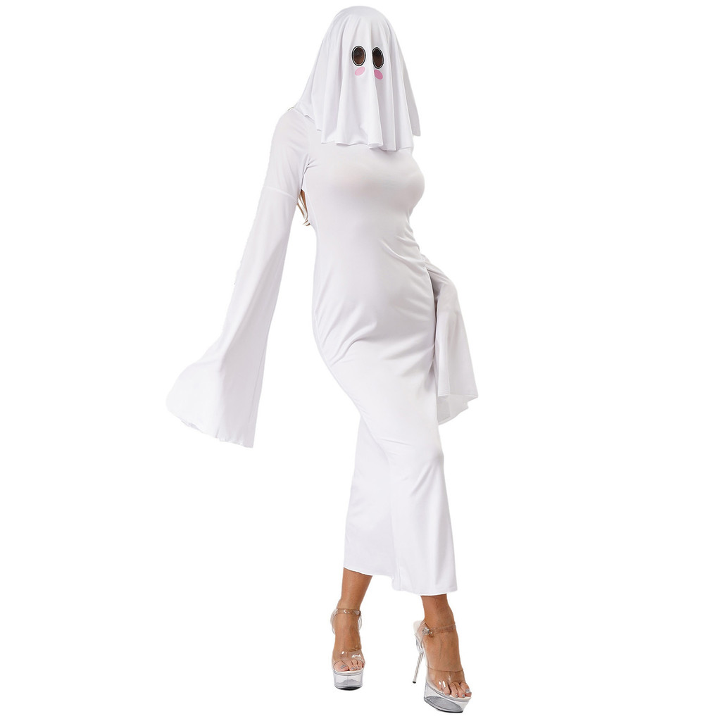 Inlzdz ผู้หญิง Ghost เครื่องแต่งกาย Mock คอยาว Flared แขน Lace-up กลับชุดหัวและ Sash สําหรับฮาโลวีนค