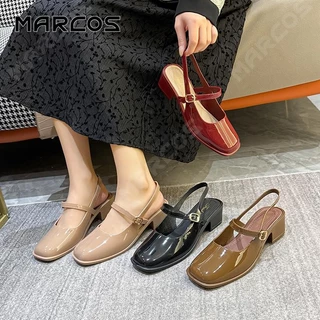 MARCOS รองเท้าแตะสตรีสไตล์เรโทร หัวรองเท้าทรงสี่เหลี่ยม ส้นสูงสำหรับผู้หญิง 2 นิ้ว รองเท้าแตะสำหรับผู้หญิง ที่มีรองเ #07