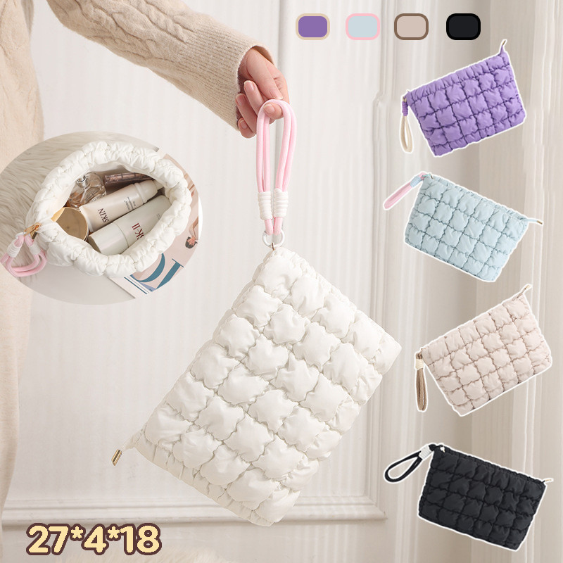 COD กระเป๋าเครื่องสำอาง จีบสีพื้น รุ่นใหม่ สไตล์มินิมอล ผ้าPU พกพาสะพาย สีพาสเทล