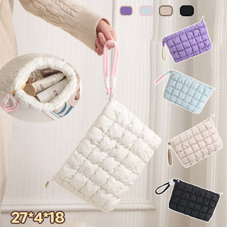 COD กระเป๋าเครื่องสำอาง จีบสีพื้น รุ่นใหม่ สไตล์มินิมอล ผ้าPU พกพาสะพาย สีพาสเทล