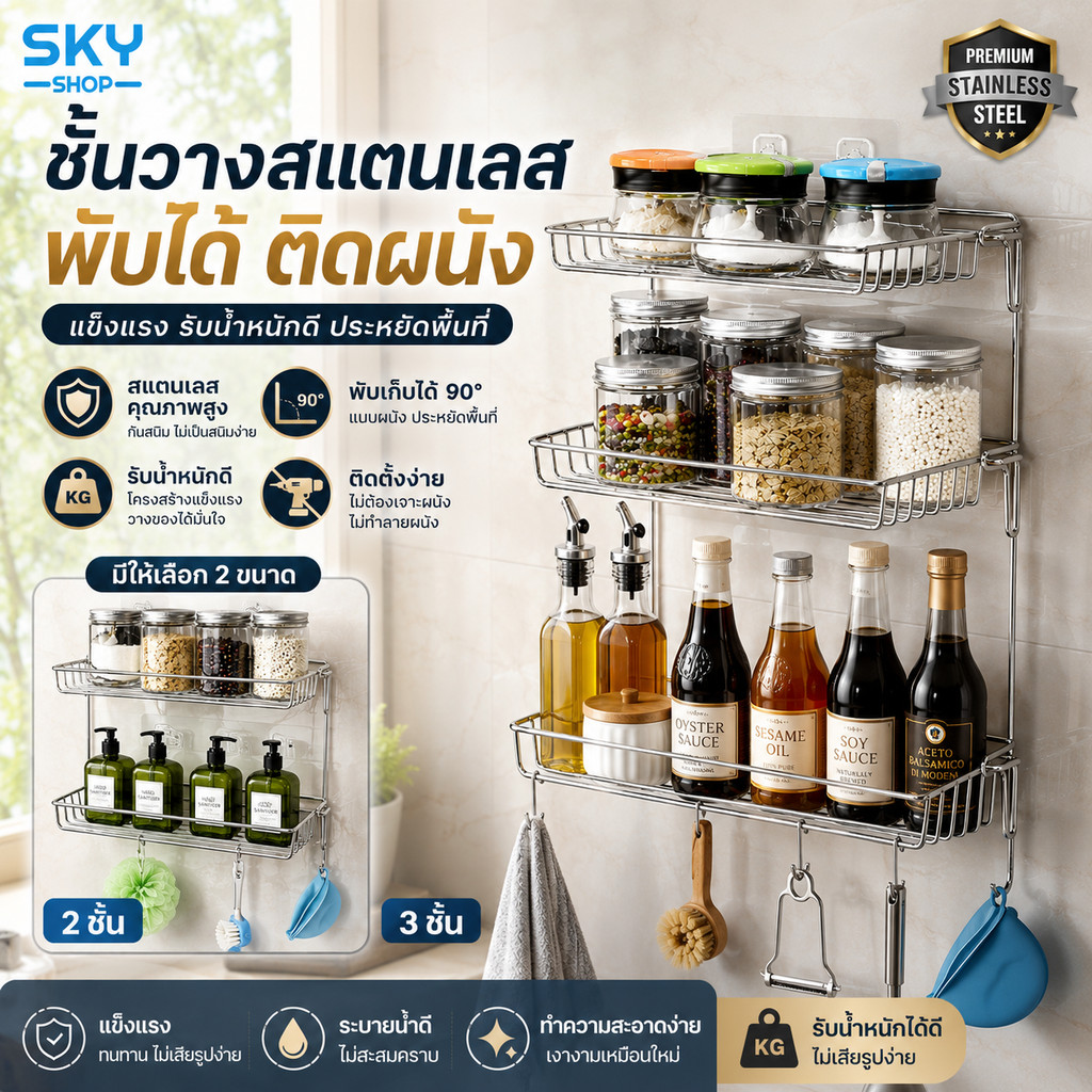 SKY ชั้นวางสแตนเลสพับได้ ติดผนัง ไม่ต้องเจาะ รับน้ำหนักดี กันสนิม สำหรับห้องครัวและห้องน้ำ Stainless Steel Shelf