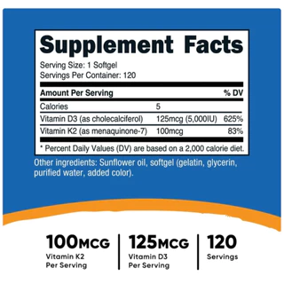 [ใหม่] Nutricost วิตามินดี 3 เค 2 Vitamin D3 5000iu+K2 100mg MK-7 เหมาะกับผู้ที่ไม่ค่อยได้รับแสงแดด 120 Soft