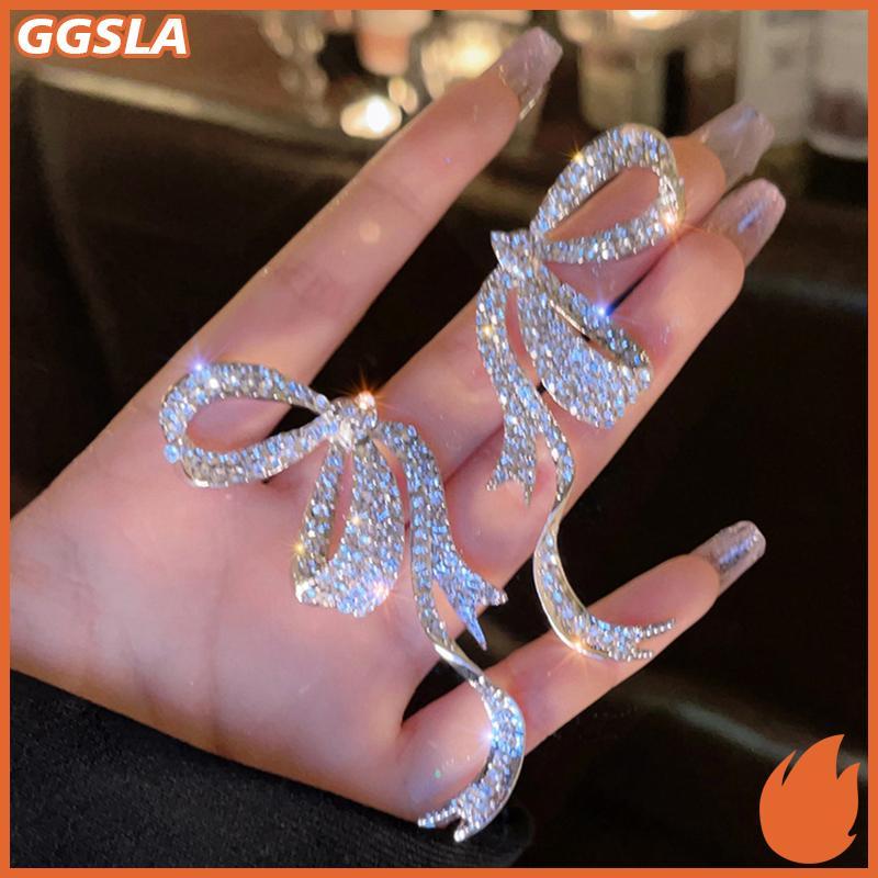 GGSLA 1 คู่หรูหรา Rhinestone Bowknot จี้ต่างหูผู้หญิงโอ้อวด Elegant ริบบิ้นโบว์ยาว sel ต่างหูเครื่องประดับใหม่