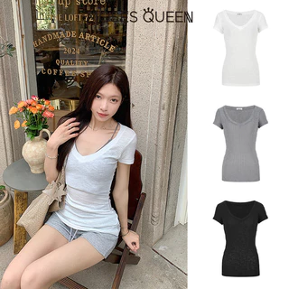< MOSESQUEEN > เสื้อตัวเต็มตัวแขนสั้น คอต่ำ แบบยีนส์ สำหรับสาวๆ รุ่นย้อนยุค "ล่าเมย์" เสื้อสไตล์แฟชั่น ใส บาง และสีเดียว ที่เหมาะกับฤดูร้อน #62986