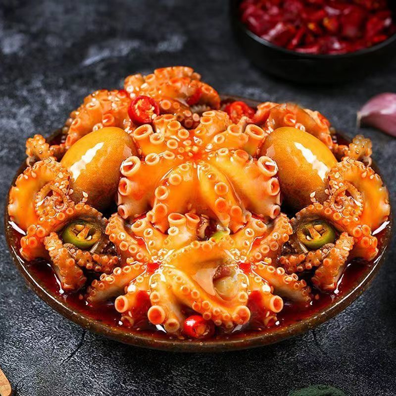 辣大八爪鱼罐头鲜活速食捞& 汁小海鲜熟食章鱼鱿鱼海兔网红爆头鱼Spicy and explosive octopus abalone canned 100g, 1 can of seafood coo