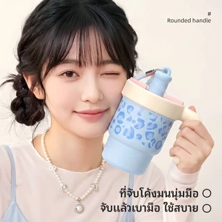 พิมพ์เสือดาว แก้วกาแฟสแตนเลส แก้วเก็บความเย็น 610ml กระเพาะสแตนเลส 316 แก้วเก็บอุณหภูมิ มีหลอดดูด มีหูจับT01328