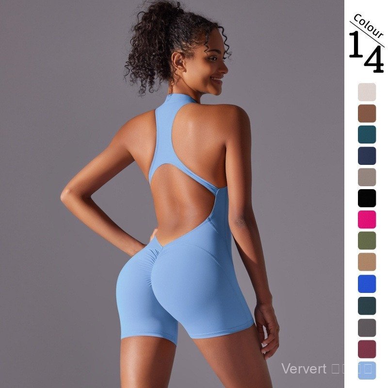 ใหม่สีทึบความเข้มสูง Nude Skinny กีฬาที่สวยงามกลับ Jumpsuit ชุดโยคะแน่นวิ่งชุดออกกําลังกาย
