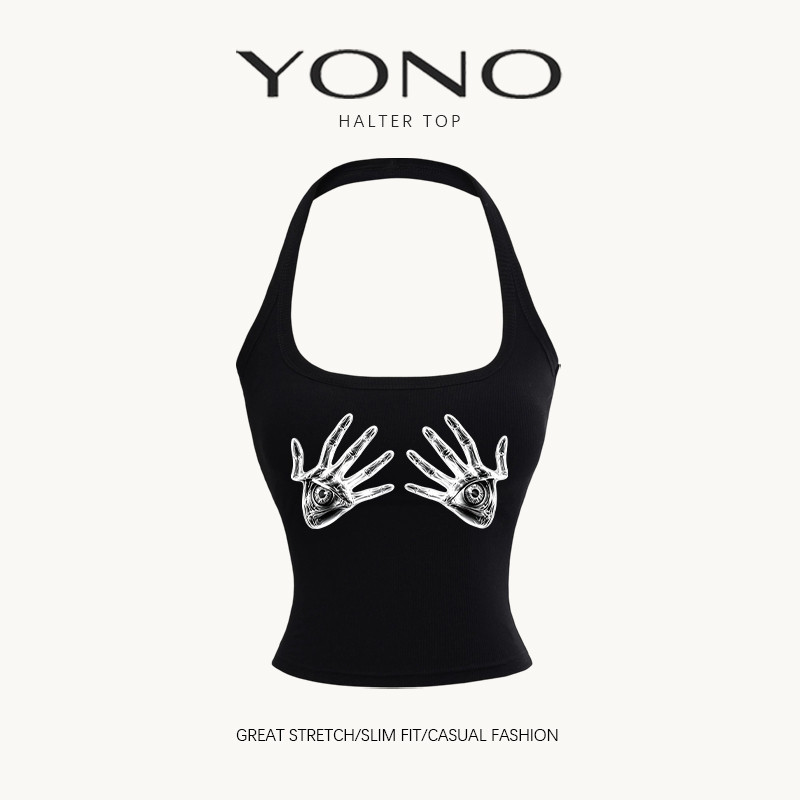 (พร้อมส่ง24ชม.) halter top เสื้อคล้องคอสีดำ ลายมือดวงตาสีเงิน ทรงเข้ารูป ฟีล y2k ดาร์กหวานเท่