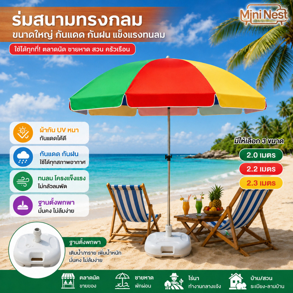 🔥โรงงานขายตรง ร่มกลมขนาดใหญ่ กันแดดกลางแจ้ง ใช้แผงลอย ชายหาด การเกษตร พิมพ์ลายโฆษณาได้
