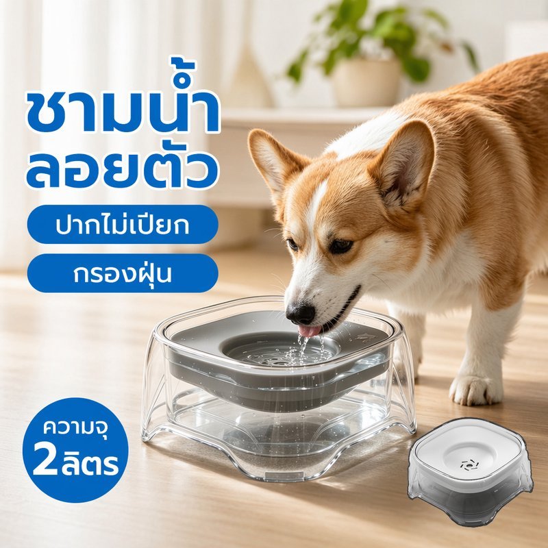 ชามน้ำสัตว์เลี้ยง ชามน้ำลอยตัว 2L ชามดื่มสุนัขแมว กันน้ำกระเซ็น ปากไม่เปียก กรองฝุ่น ถอดล้างง่าย